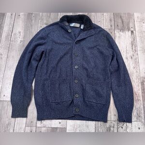 Oscar de la Renta Men's Navy Blue Button Up Sweater Small Faux Fur Cotton